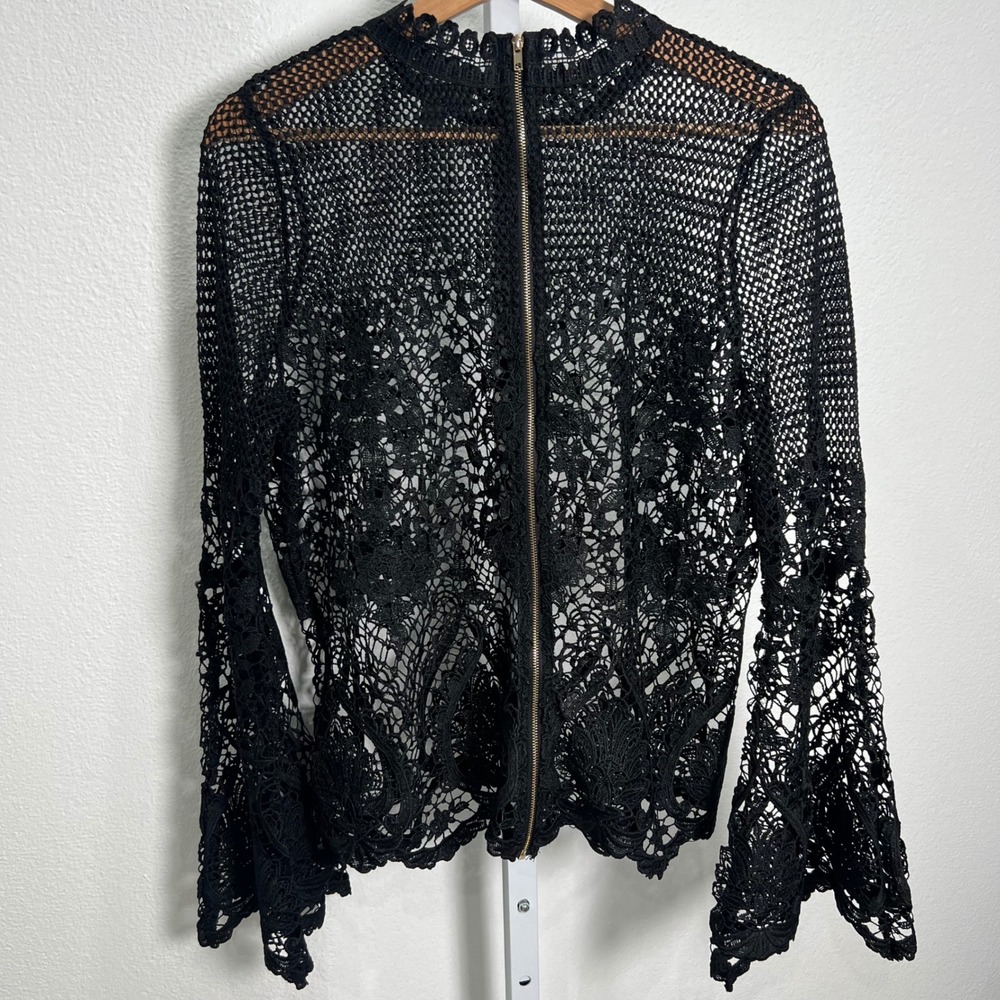 Crochet Grunge Lace Top Black Floral Sheer Bell Sleeve M Dark Fairy Whimsigoth - Picture 4 of 13